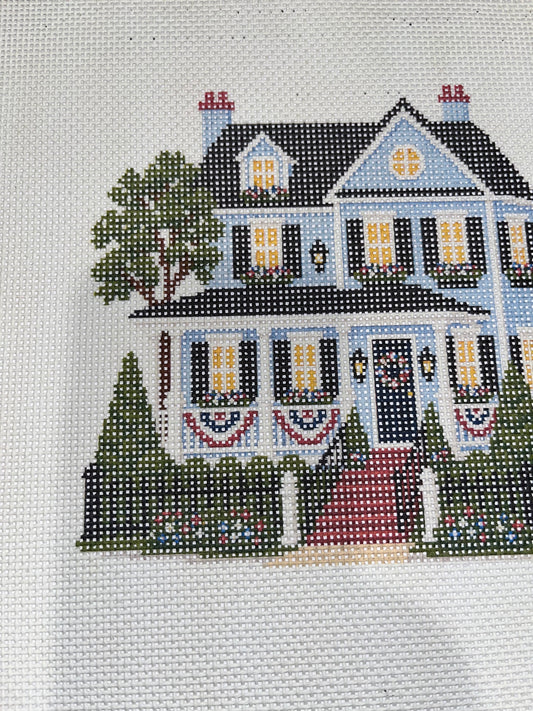 Lizzy Claire's Happy Neighborhood Patriotic House - 13 mesh - 12 x 12 - Needlepoint Canvas