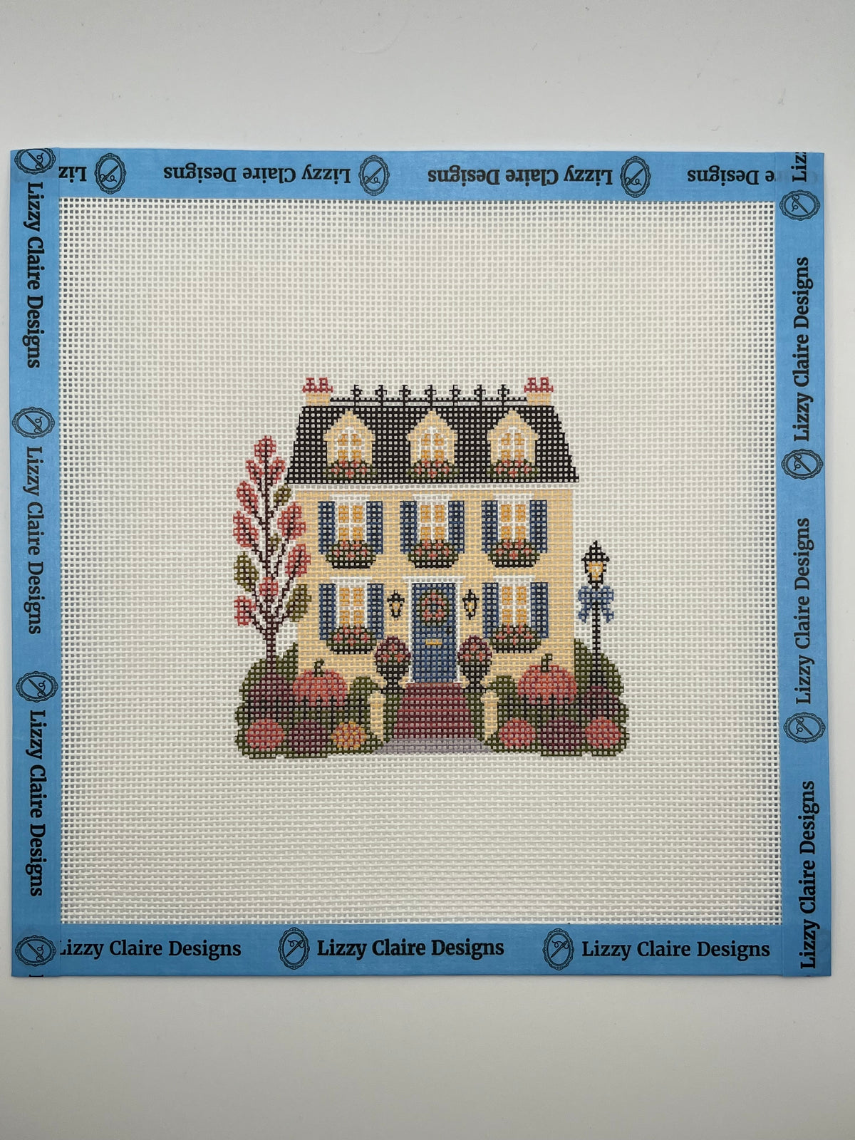 Lizzy Claire's Happy Neighborhood Trick or Treat Townhouse (Blue Shutters)- 18 mesh - 8 x 8 - Needlepoint Canvas