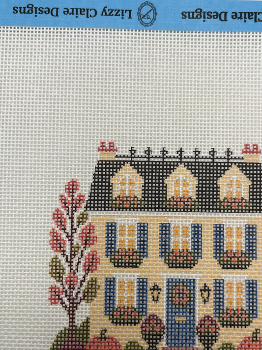 Lizzy Claire's Happy Neighborhood Trick or Treat Townhouse (Blue Shutters)- 18 mesh - 8 x 8 - Needlepoint Canvas
