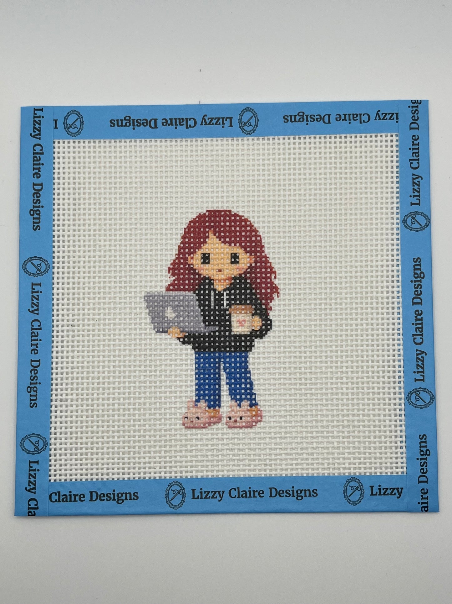 Lizzy Claire with Laptop & Slippers - 13 mesh - 6 x 6 - Needlepoint Canvas