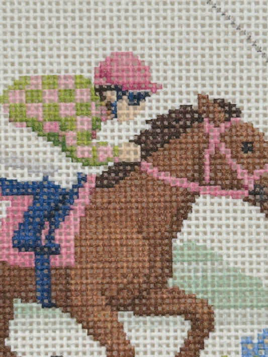 Lucky Lizzy Horse with Jockey - 13 mesh - 6 inch Round - 8 x 8 - Needlepoint Canvas