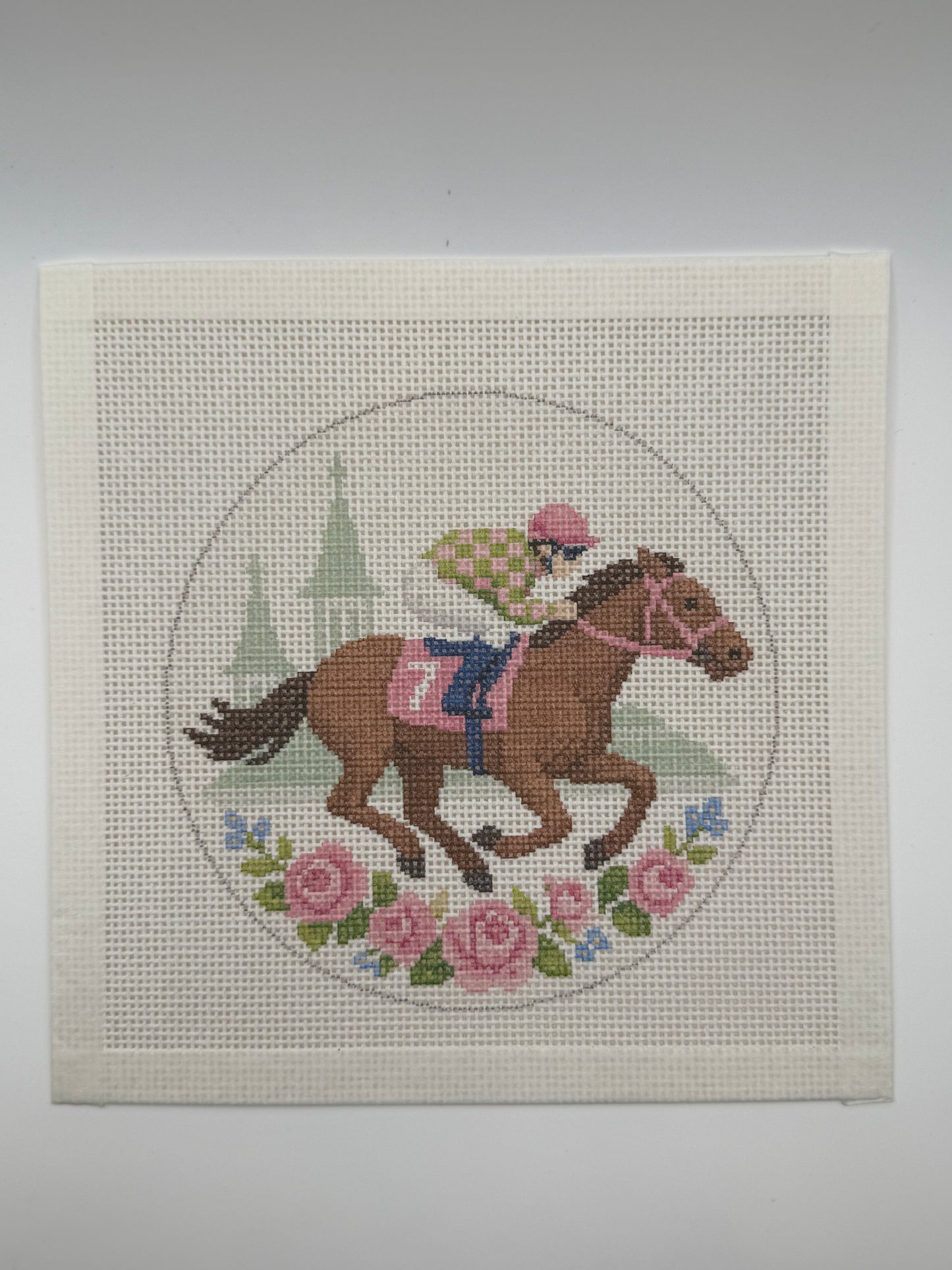 Lucky Lizzy Horse with Jockey - 13 mesh - 6 inch Round - 8 x 8 - Needlepoint Canvas