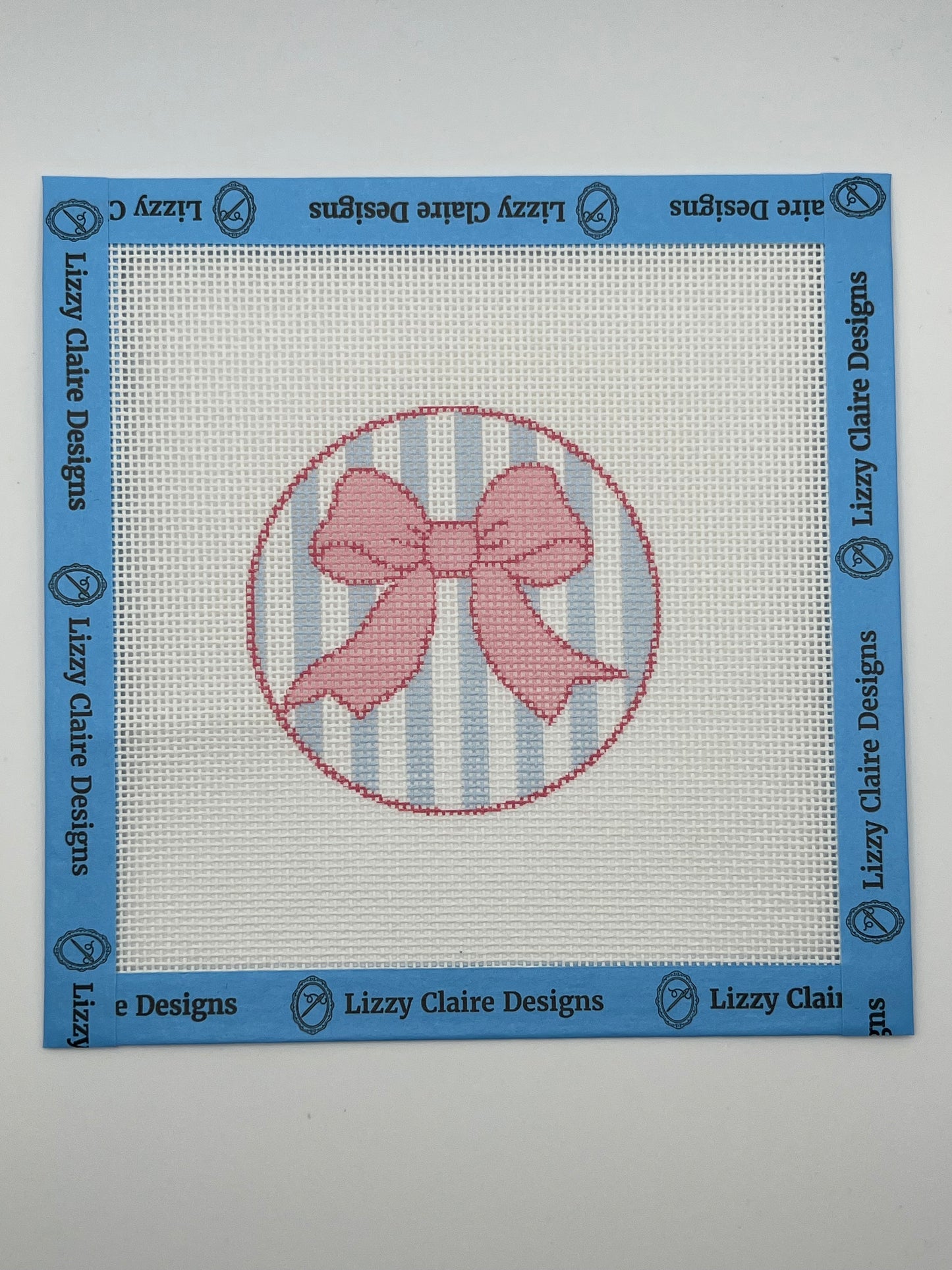 Pink Bow on Light Blue Striped Background - 18 mesh - 6 x 6 - Needlepoint Canvas