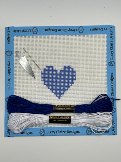 Blue Heart - Beginner Kit - 13 mesh - 6 x 6 - Needlepoint Canvas