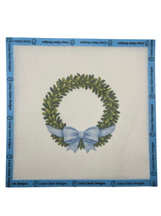Boxwood Wreath with Bow - 18 mesh - 10x10 - Needlepoint Canvas