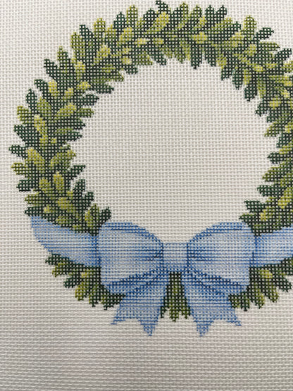 Boxwood Wreath with Bow - 18 mesh - 10x10 - Needlepoint Canvas
