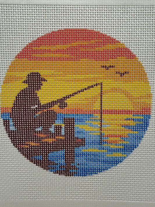 Fishing at Sunset - 18 mesh - 4 inch Round - 6 x 6 - Needlepoint Canvas