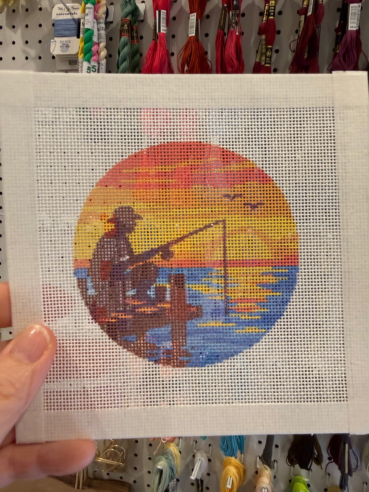 Fishing at Sunset - 18 mesh - 4 inch Round - 6 x 6 - Needlepoint Canvas