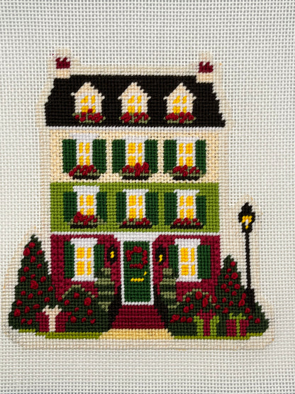 Lizzy Claire's Happy Neighborhood Christmas Townhouse - 13 mesh - 12 x 12 - Needlepoint Canvas