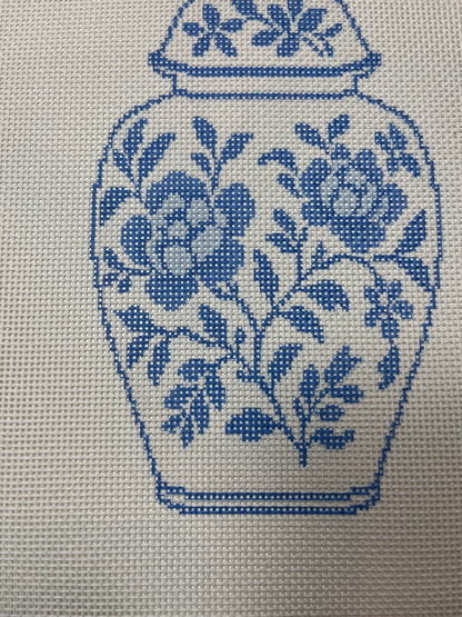 Large Blue and White Chinoiserie Ginger Jar - 13 mesh - 12 x 12 - Needlepoint Canvas