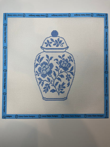 Large Blue and White Chinoiserie Ginger Jar - 13 mesh - 12 x 12 - Needlepoint Canvas