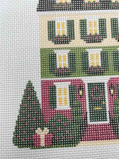 Lizzy Claire's Happy Neighborhood Christmas Townhouse - 13 mesh - 12 x 12 - Needlepoint Canvas