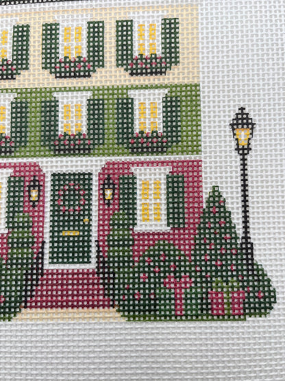 Lizzy Claire's Happy Neighborhood Christmas Townhouse - 13 mesh - 12 x 12 - Needlepoint Canvas
