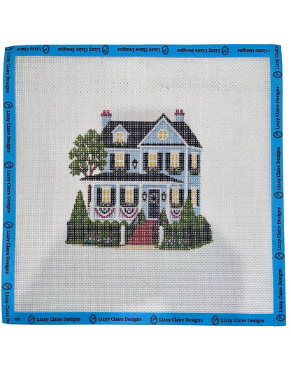 Lizzy Claire's Happy Neighborhood Patriotic House - 13 mesh - 12 x 12 - Needlepoint Canvas