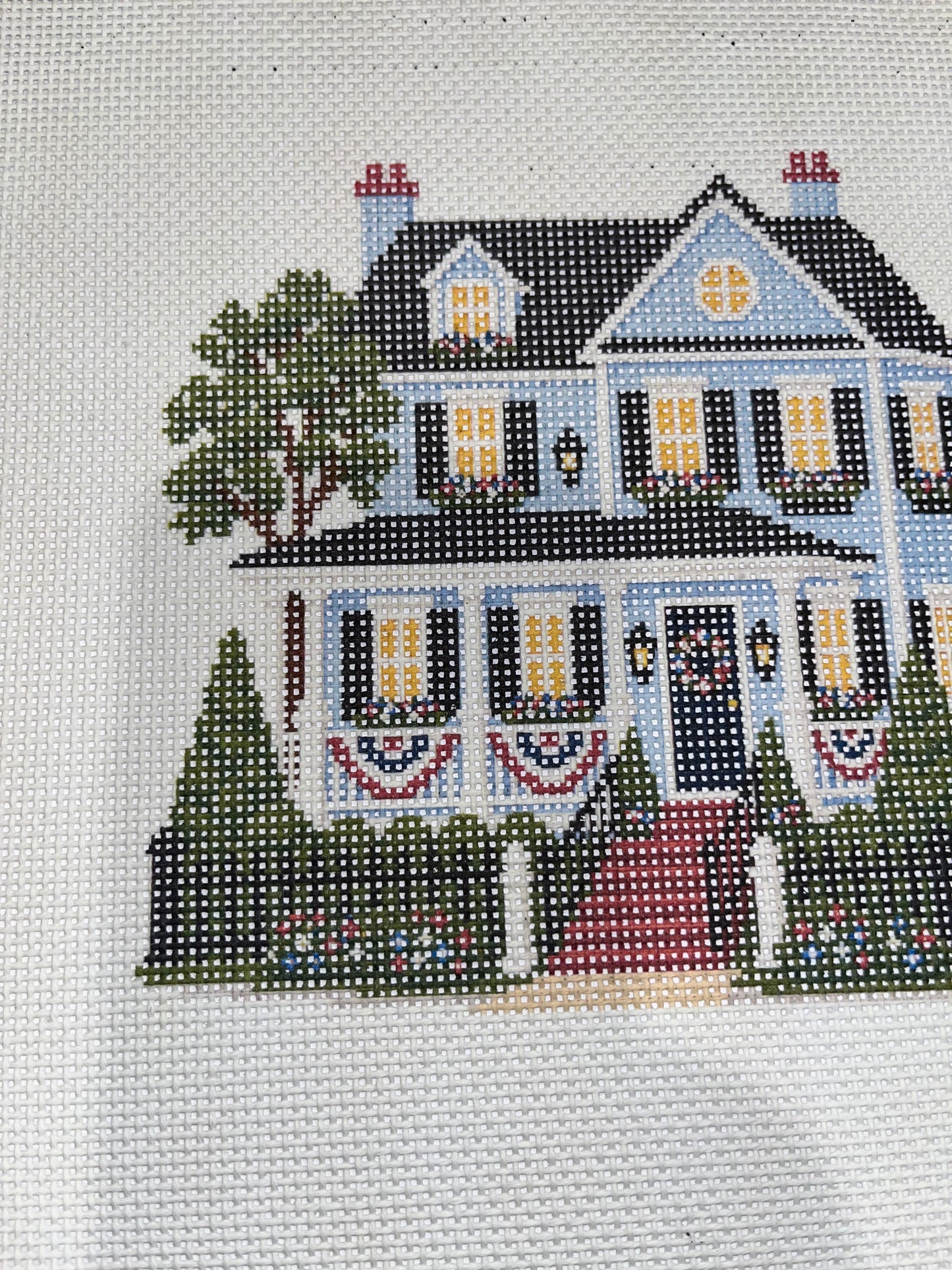 Lizzy Claire's Happy Neighborhood Patriotic House - 13 mesh - 12 x 12 - Needlepoint Canvas