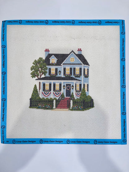 Lizzy Claire's Happy Neighborhood Patriotic House - 13 mesh - 12 x 12 - Needlepoint Canvas
