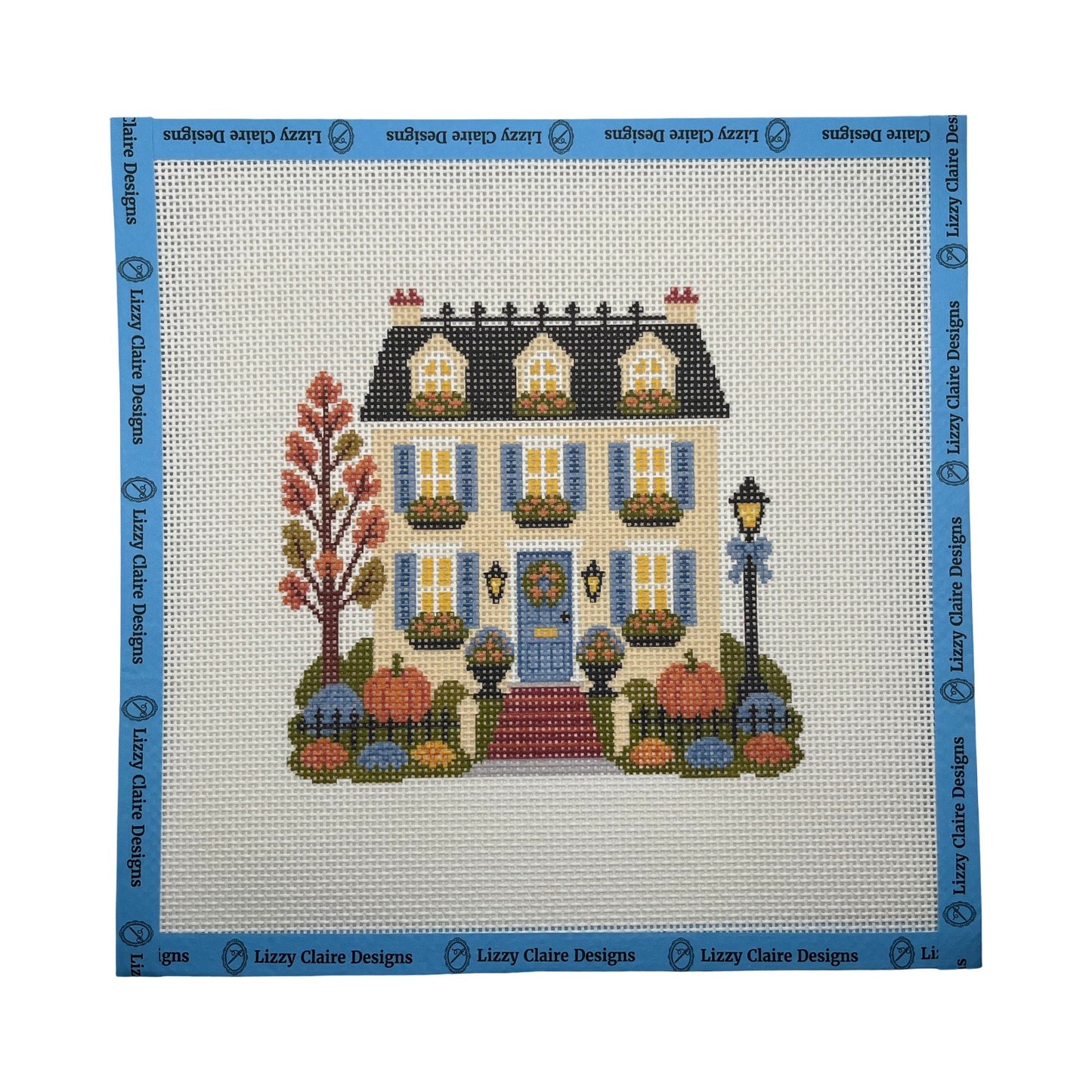 Lizzy Claire's Happy Neighborhood Trick or Treat Townhouse (Blue Shutters)- 13 mesh - 10 x 10 - Needlepoint Canvas
