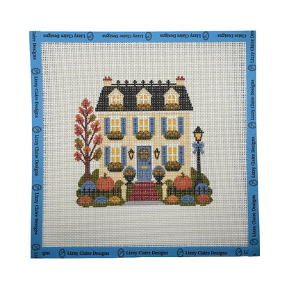 Lizzy Claire's Happy Neighborhood Trick or Treat Townhouse (Blue Shutters)- 13 mesh - 10 x 10 - Needlepoint Canvas