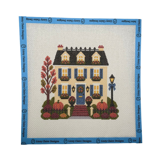 Lizzy Claire's Happy Neighborhood Trick or Treat Townhouse (Blue Shutters)- 13 mesh - 10 x 10 - Needlepoint Canvas
