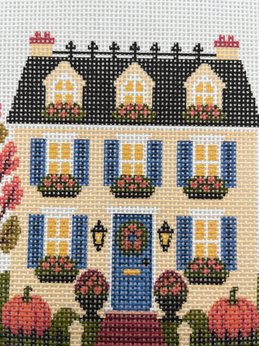Lizzy Claire's Happy Neighborhood Trick or Treat Townhouse (Blue Shutters)- 13 mesh - 10 x 10 - Needlepoint Canvas