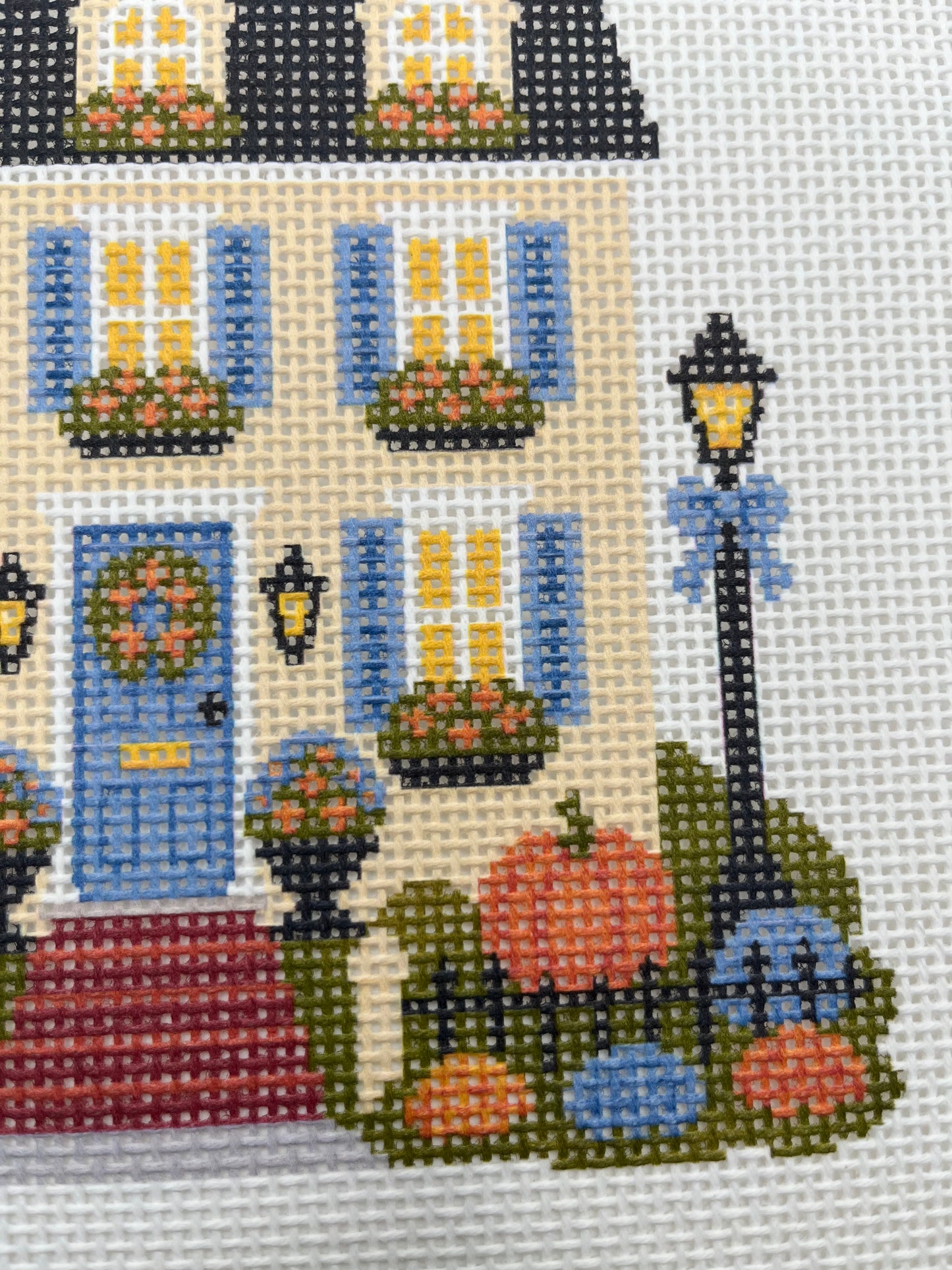 Lizzy Claire's Happy Neighborhood Trick or Treat Townhouse (Blue Shutters)- 13 mesh - 10 x 10 - Needlepoint Canvas