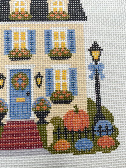 Lizzy Claire's Happy Neighborhood Trick or Treat Townhouse (Blue Shutters)- 13 mesh - 10 x 10 - Needlepoint Canvas