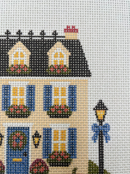 Lizzy Claire's Happy Neighborhood Trick or Treat Townhouse (Blue Shutters)- 13 mesh - 10 x 10 - Needlepoint Canvas