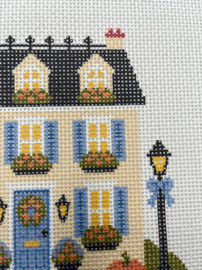 Lizzy Claire's Happy Neighborhood Trick or Treat Townhouse (Blue Shutters)- 13 mesh - 10 x 10 - Needlepoint Canvas
