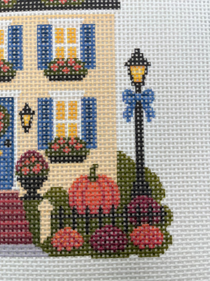 Lizzy Claire's Happy Neighborhood Trick or Treat Townhouse (Blue Shutters)- 13 mesh - 10 x 10 - Needlepoint Canvas