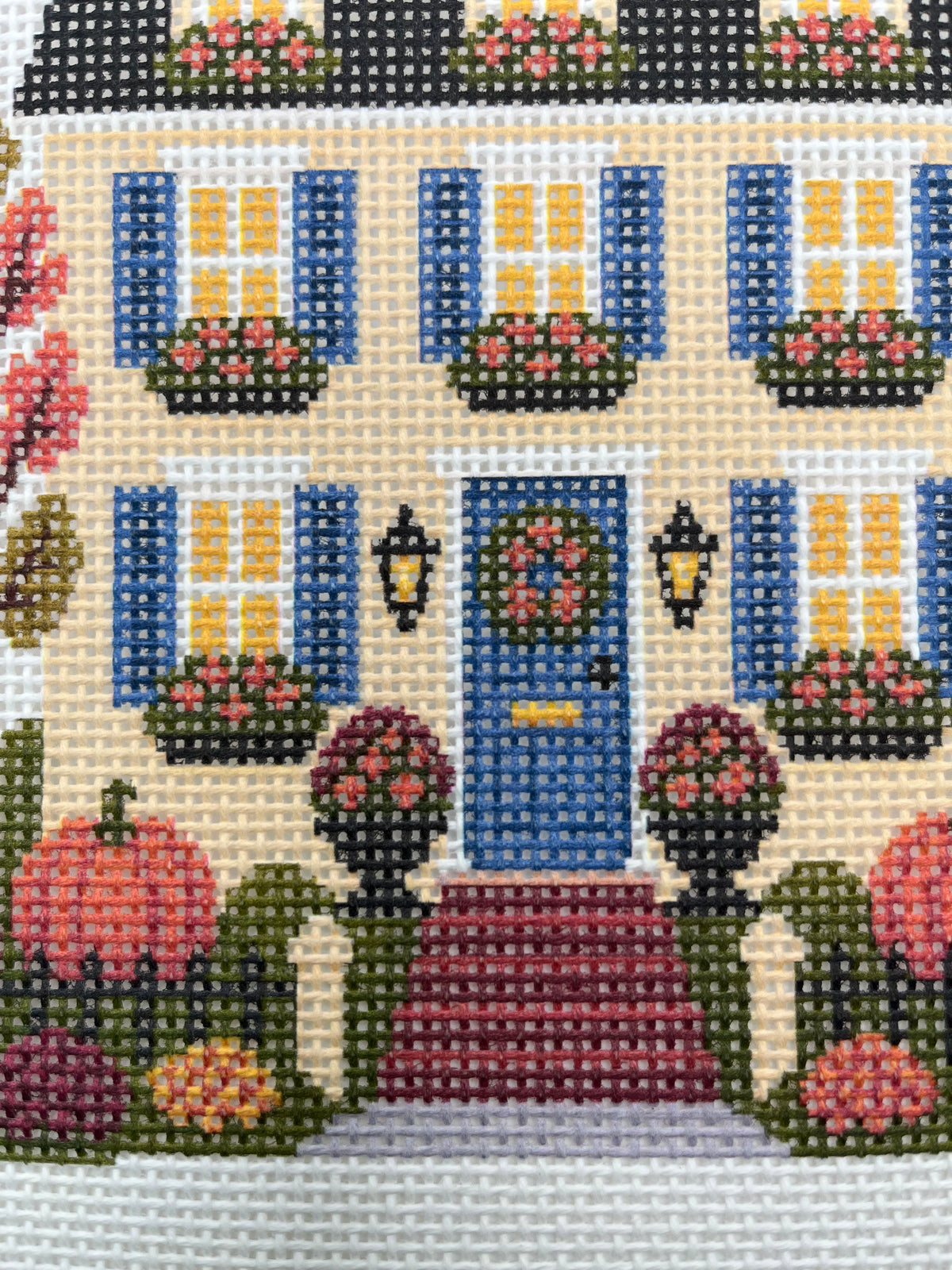 Lizzy Claire's Happy Neighborhood Trick or Treat Townhouse (Blue Shutters)- 13 mesh - 10 x 10 - Needlepoint Canvas