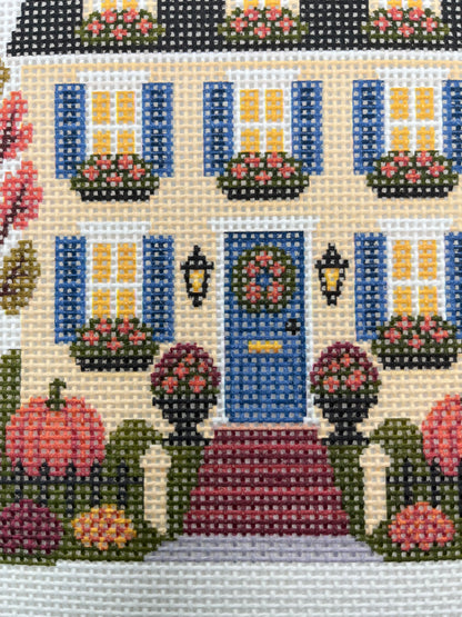 Lizzy Claire's Happy Neighborhood Trick or Treat Townhouse (Blue Shutters)- 13 mesh - 10 x 10 - Needlepoint Canvas
