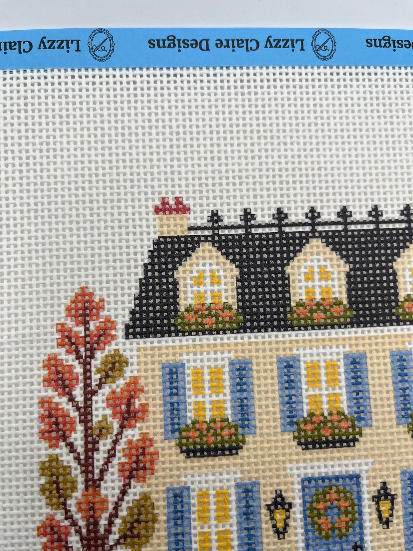 Lizzy Claire's Happy Neighborhood Trick or Treat Townhouse (Blue Shutters)- 13 mesh - 10 x 10 - Needlepoint Canvas