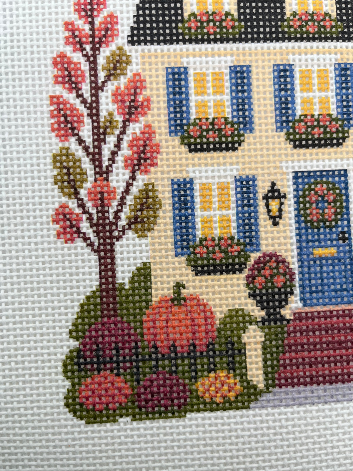 Lizzy Claire's Happy Neighborhood Trick or Treat Townhouse (Blue Shutters)- 13 mesh - 10 x 10 - Needlepoint Canvas