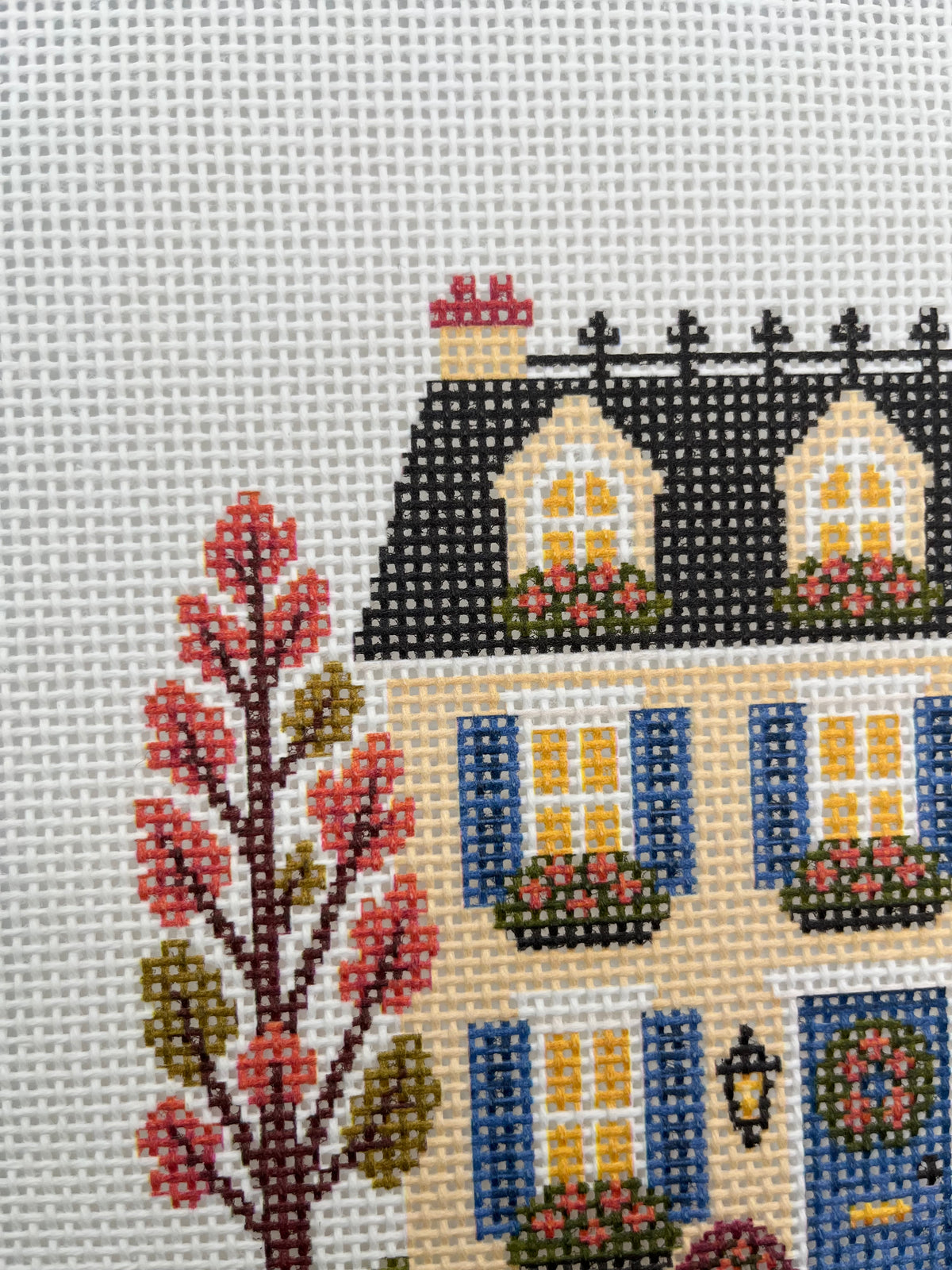 Lizzy Claire's Happy Neighborhood Trick or Treat Townhouse (Blue Shutters)- 13 mesh - 10 x 10 - Needlepoint Canvas