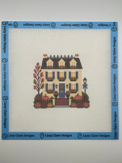 Lizzy Claire's Happy Neighborhood Trick or Treat Townhouse (Blue Shutters)- 18 mesh - 8 x 8 - Needlepoint Canvas