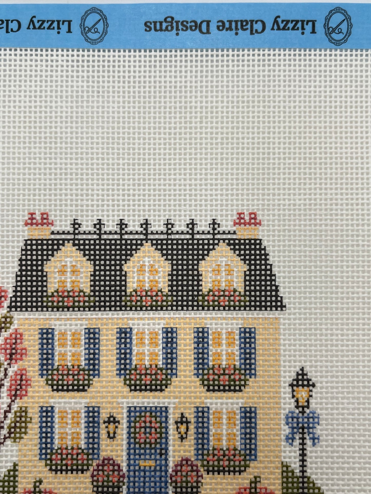 Lizzy Claire's Happy Neighborhood Trick or Treat Townhouse (Blue Shutters)- 18 mesh - 8 x 8 - Needlepoint Canvas