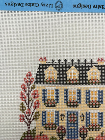 Lizzy Claire's Happy Neighborhood Trick or Treat Townhouse (Blue Shutters)- 18 mesh - 8 x 8 - Needlepoint Canvas