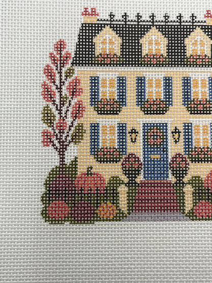 Lizzy Claire's Happy Neighborhood Trick or Treat Townhouse (Blue Shutters)- 18 mesh - 8 x 8 - Needlepoint Canvas