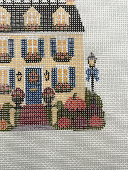 Lizzy Claire's Happy Neighborhood Trick or Treat Townhouse (Blue Shutters)- 18 mesh - 8 x 8 - Needlepoint Canvas