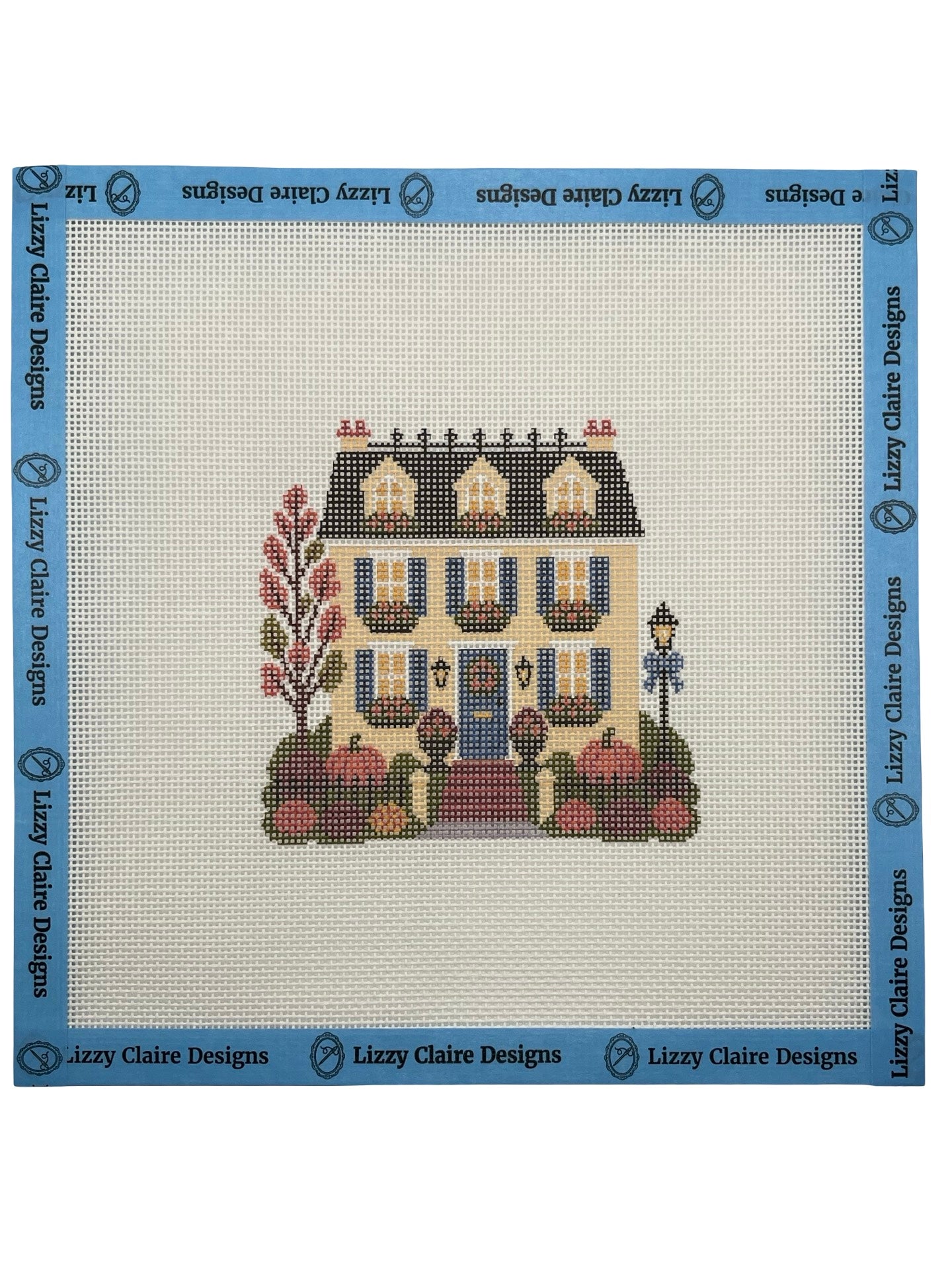 Lizzy Claire's Happy Neighborhood Trick or Treat Townhouse (Blue Shutters)- 18 mesh - 8 x 8 - Needlepoint Canvas