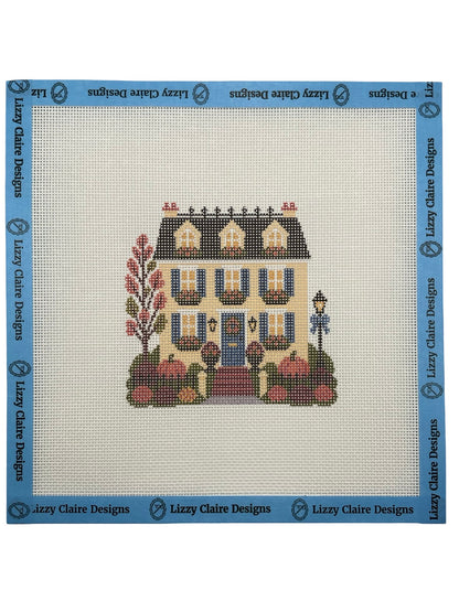 Lizzy Claire's Happy Neighborhood Trick or Treat Townhouse (Blue Shutters)- 18 mesh - 8 x 8 - Needlepoint Canvas