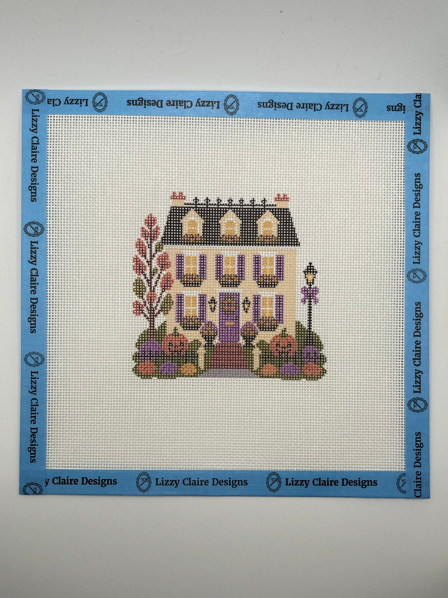 Lizzy Claire's Happy Neighborhood Trick or Treat Townhouse (Purple Shutters)- 18 mesh - 8 x 8 - Needlepoint Canvas