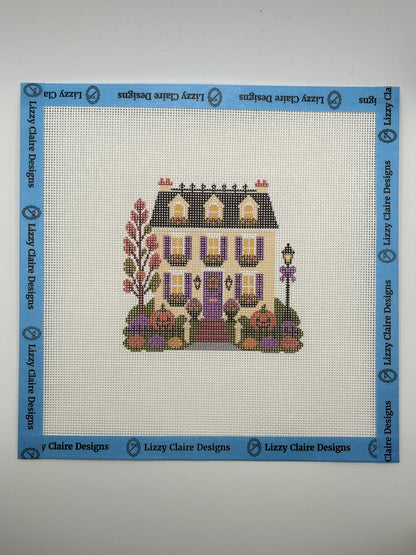 Lizzy Claire's Happy Neighborhood Trick or Treat Townhouse (Purple Shutters)- 18 mesh - 8 x 8 - Needlepoint Canvas