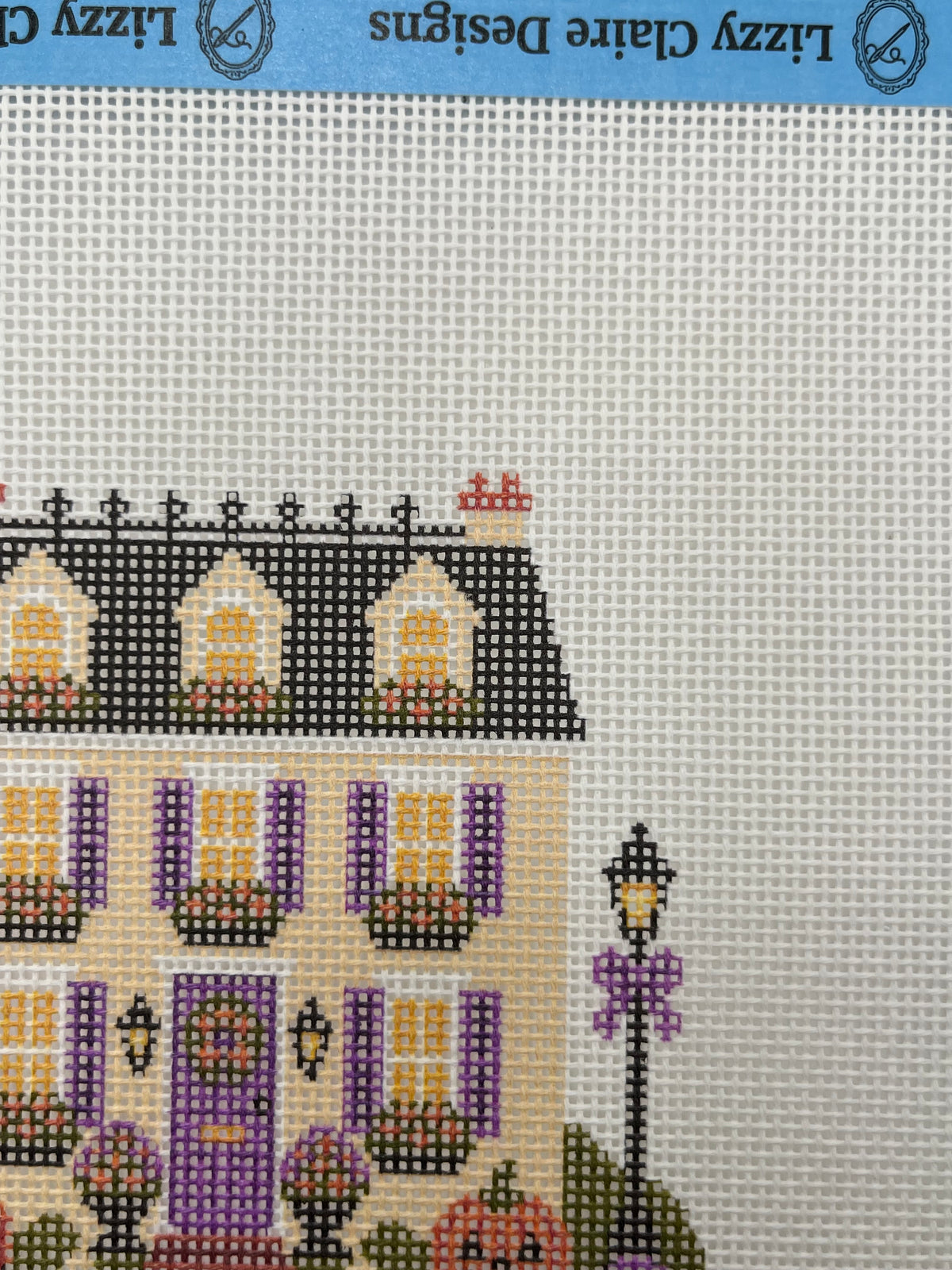 Lizzy Claire's Happy Neighborhood Trick or Treat Townhouse (Purple Shutters)- 18 mesh - 8 x 8 - Needlepoint Canvas