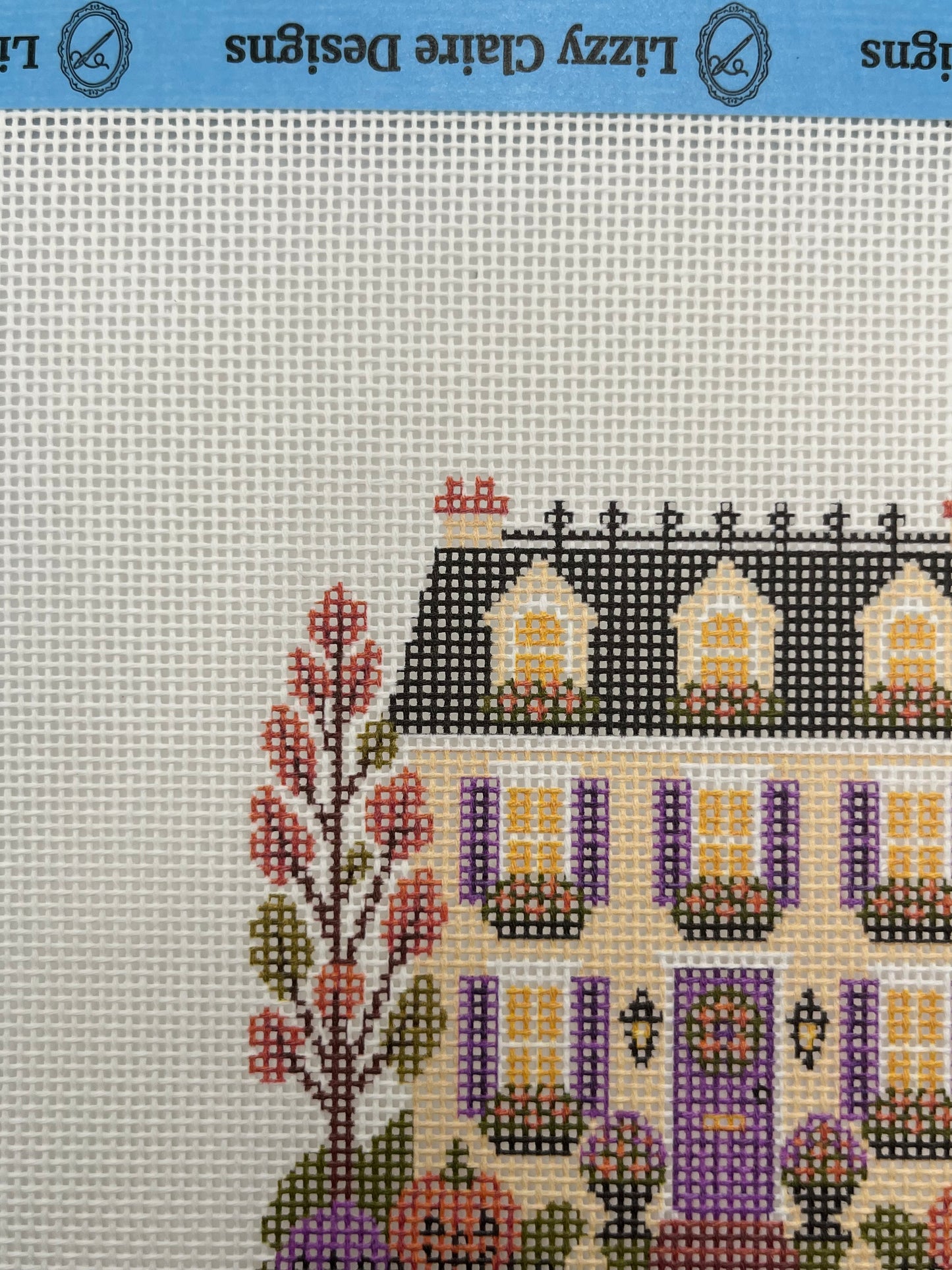 Lizzy Claire's Happy Neighborhood Trick or Treat Townhouse (Purple Shutters)- 18 mesh - 8 x 8 - Needlepoint Canvas