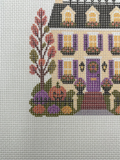 Lizzy Claire's Happy Neighborhood Trick or Treat Townhouse (Purple Shutters)- 18 mesh - 8 x 8 - Needlepoint Canvas