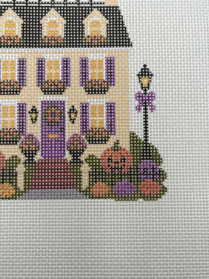 Lizzy Claire's Happy Neighborhood Trick or Treat Townhouse (Purple Shutters)- 18 mesh - 8 x 8 - Needlepoint Canvas