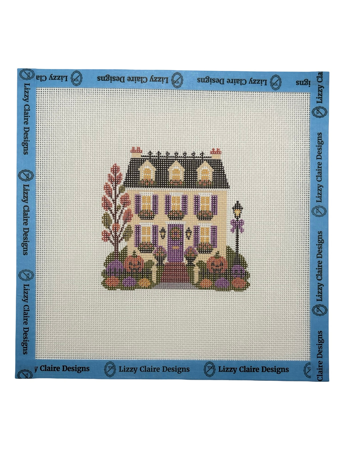 Lizzy Claire's Happy Neighborhood Trick or Treat Townhouse (Purple Shutters)- 18 mesh - 8 x 8 - Needlepoint Canvas