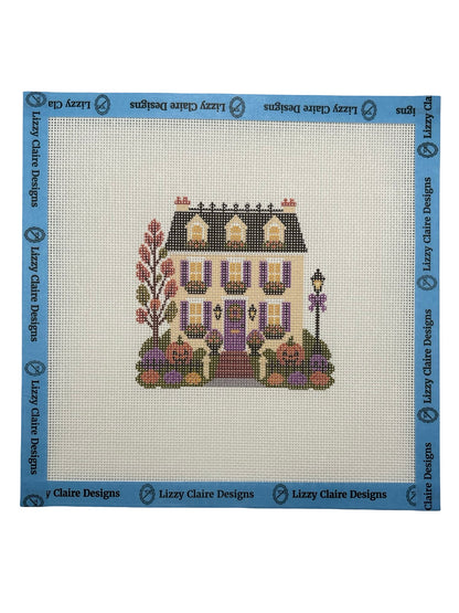 Lizzy Claire's Happy Neighborhood Trick or Treat Townhouse (Purple Shutters)- 18 mesh - 8 x 8 - Needlepoint Canvas