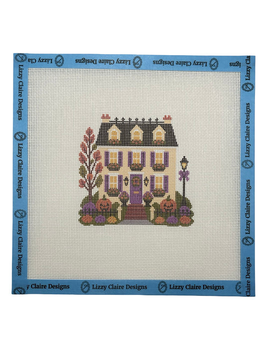 Lizzy Claire's Happy Neighborhood Trick or Treat Townhouse (Purple Shutters)- 18 mesh - 8 x 8 - Needlepoint Canvas